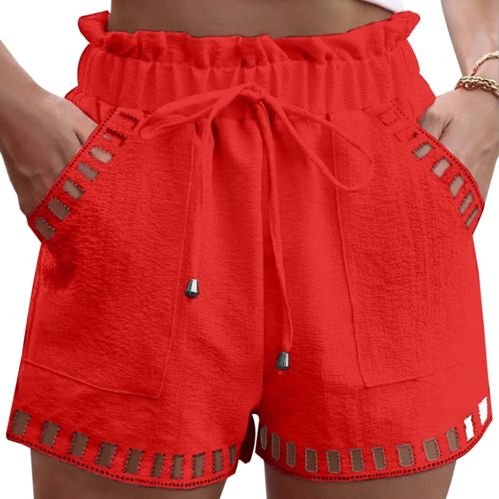 Structured Textured Paperbag Shorts with Cut-Outs for Women