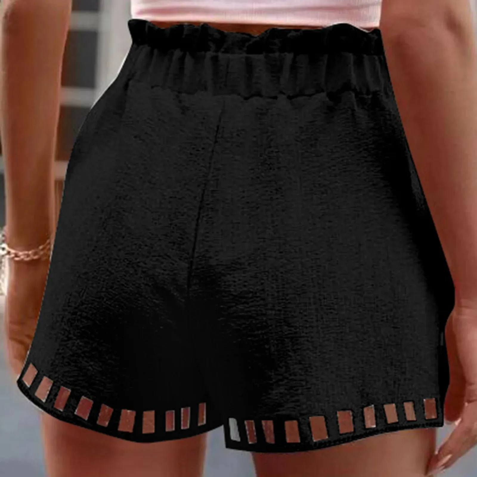 Structured Textured Paperbag Shorts with Cut-Outs for Women