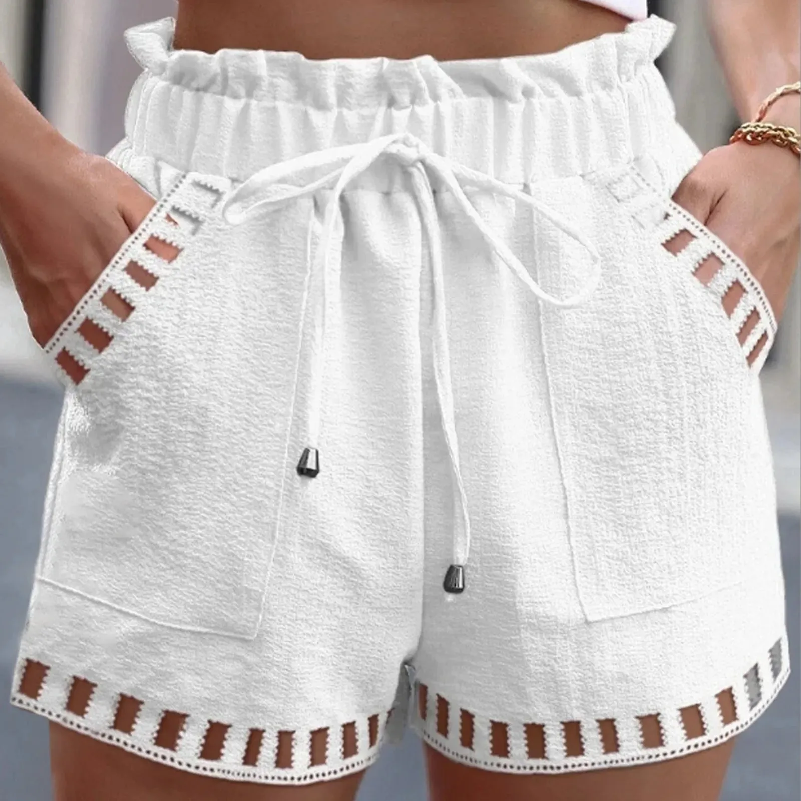 Structured Textured Paperbag Shorts with Cut-Outs for Women