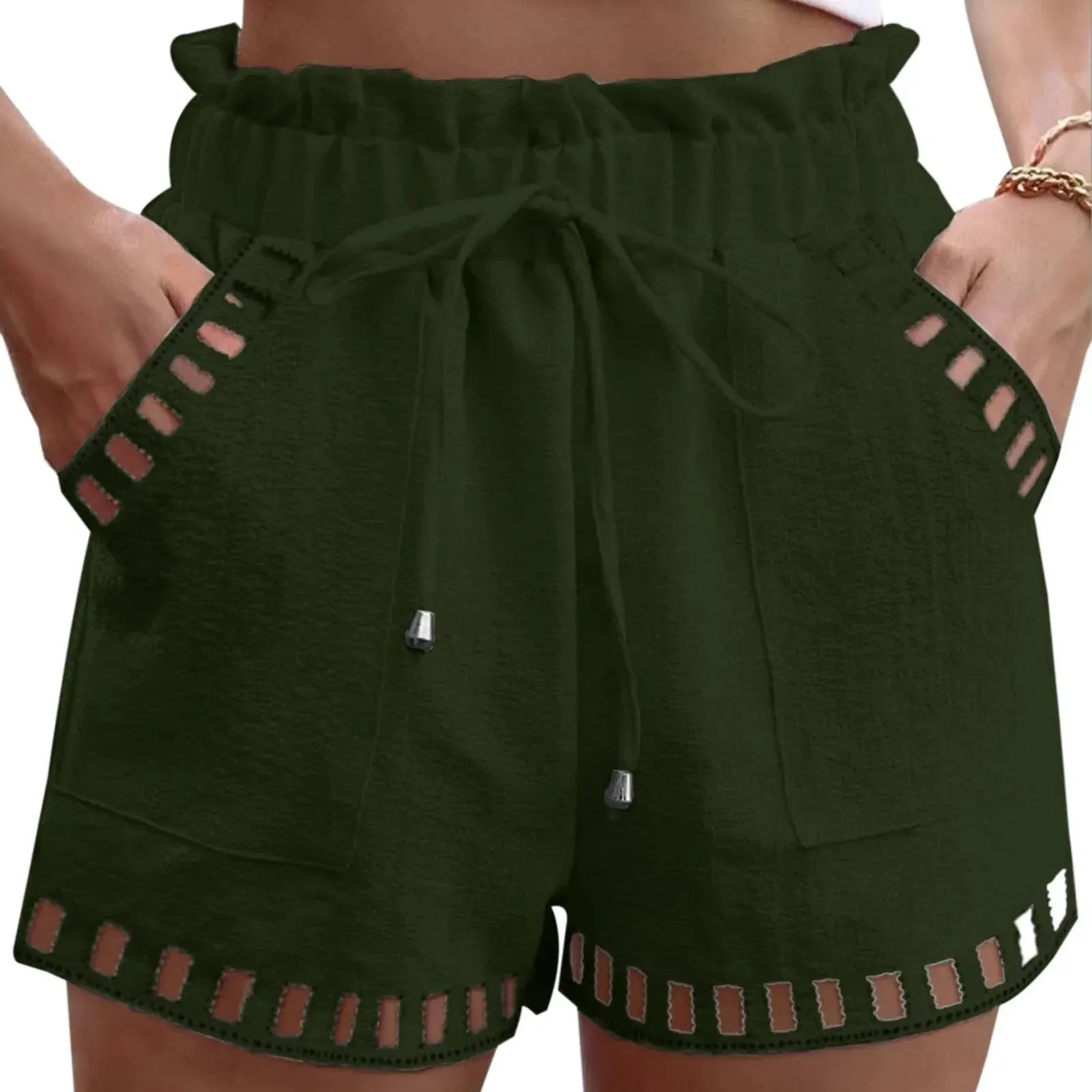 Structured Textured Paperbag Shorts with Cut-Outs for Women