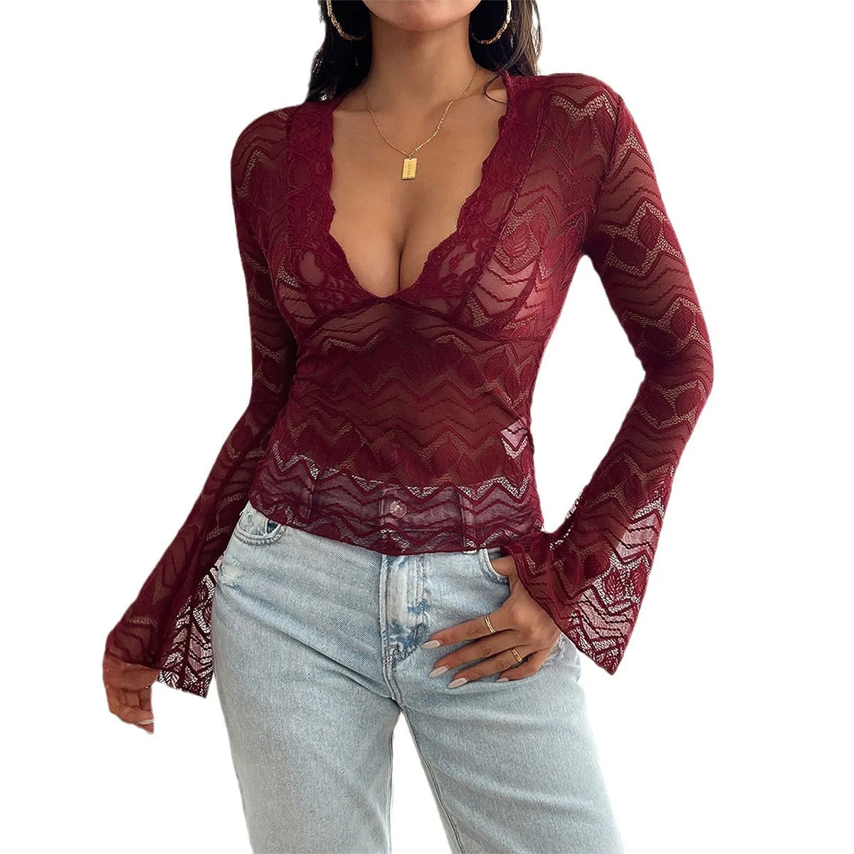 Trumpet Sleeve Hollow V-Neck Sexy Lace Shirts Wholesale Womens Clothing N3824090300029