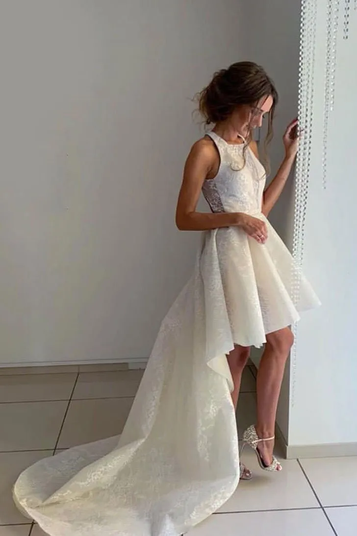 Unique Ivory Halter High Low Homecoming Dresses with Lace Short Prom Dresses H1095