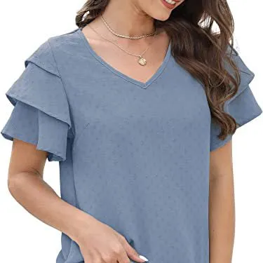 V-Neck Ruffled Short-Sleeved Casual Chiffon Shirt Wholesale Women'S Top