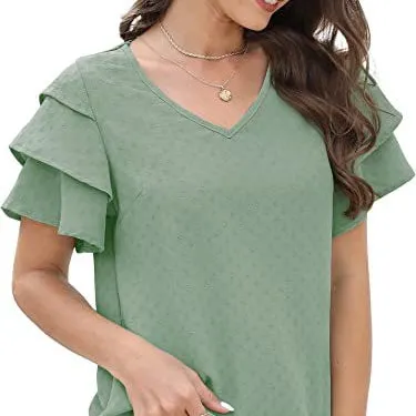 V-Neck Ruffled Short-Sleeved Casual Chiffon Shirt Wholesale Women'S Top