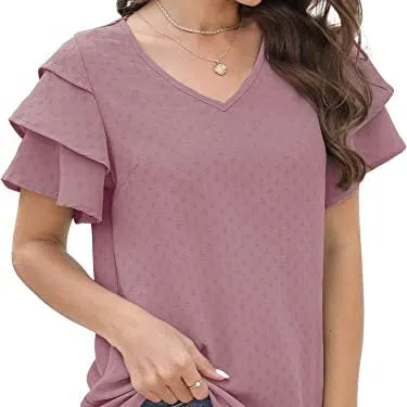 V-Neck Ruffled Short-Sleeved Casual Chiffon Shirt Wholesale Women'S Top