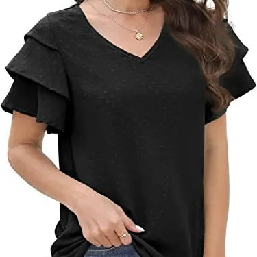 V-Neck Ruffled Short-Sleeved Casual Chiffon Shirt Wholesale Women'S Top