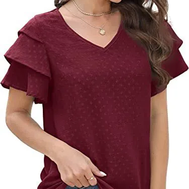 V-Neck Ruffled Short-Sleeved Casual Chiffon Shirt Wholesale Women'S Top