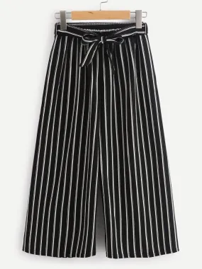 Vertical Stripe Self Tie Wide Leg Pants