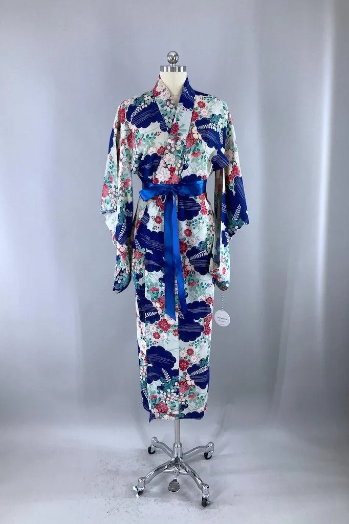 Vintage Blue & Pink Summer Silk Kimono Robe