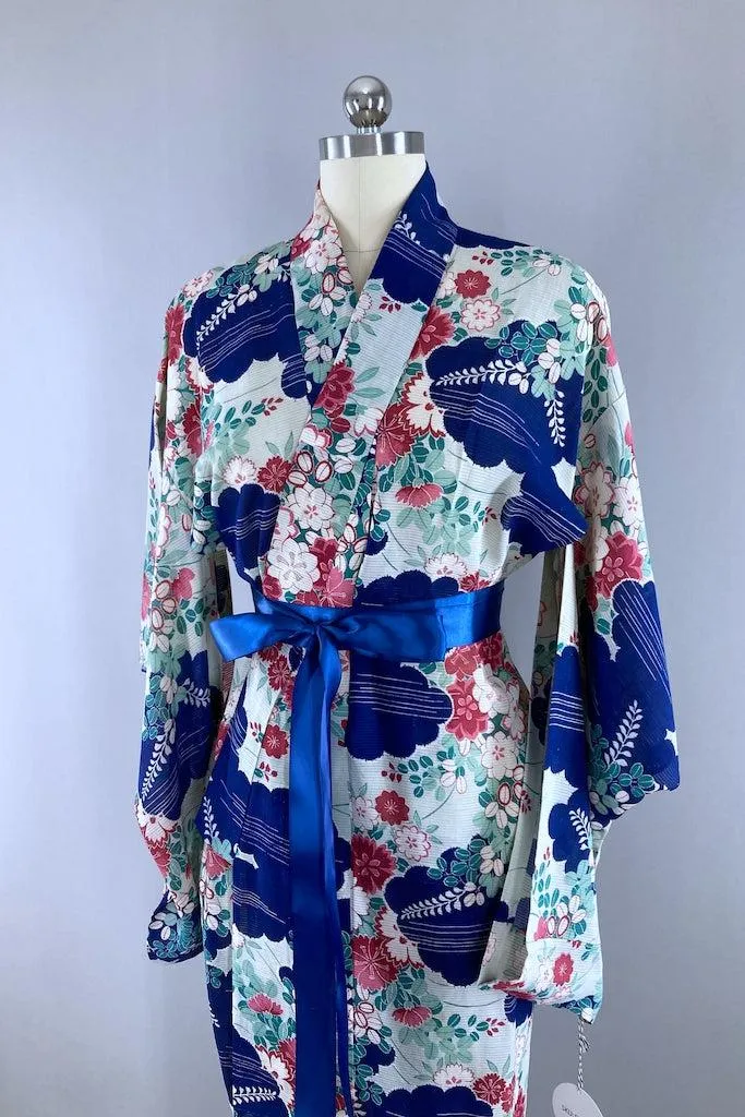 Vintage Blue & Pink Summer Silk Kimono Robe