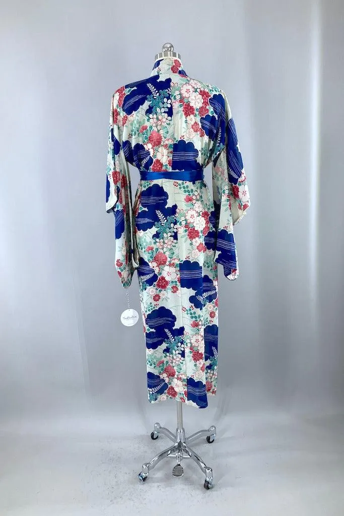 Vintage Blue & Pink Summer Silk Kimono Robe