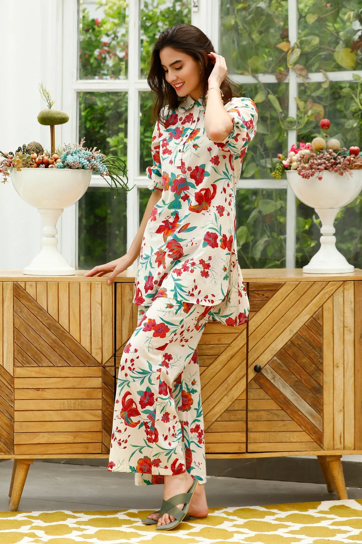 Whimsical Whites Cotton Palazzo Loungewear Set