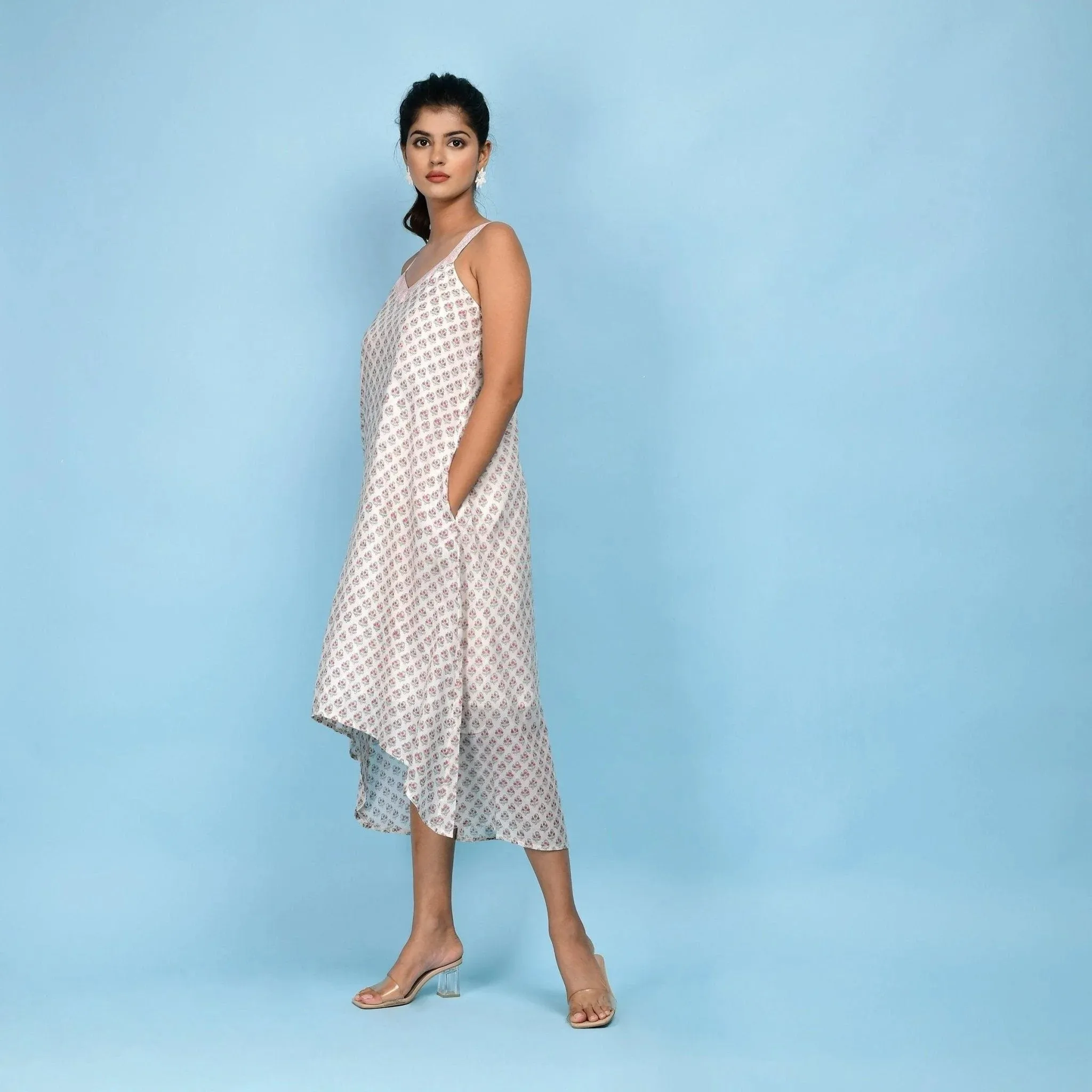 White Block Printed High-Low Cotton Midi Dress