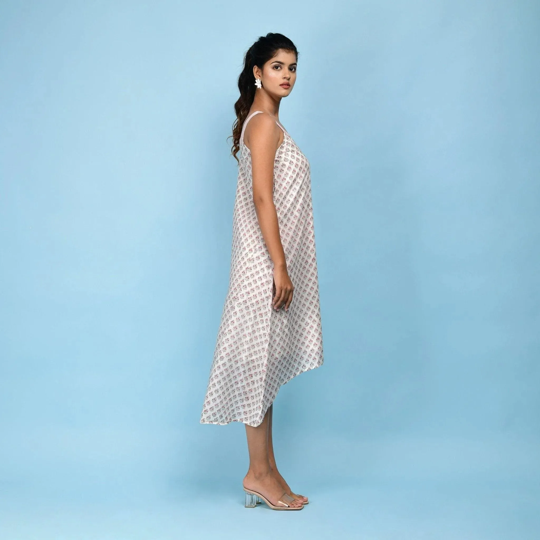 White Block Printed High-Low Cotton Midi Dress