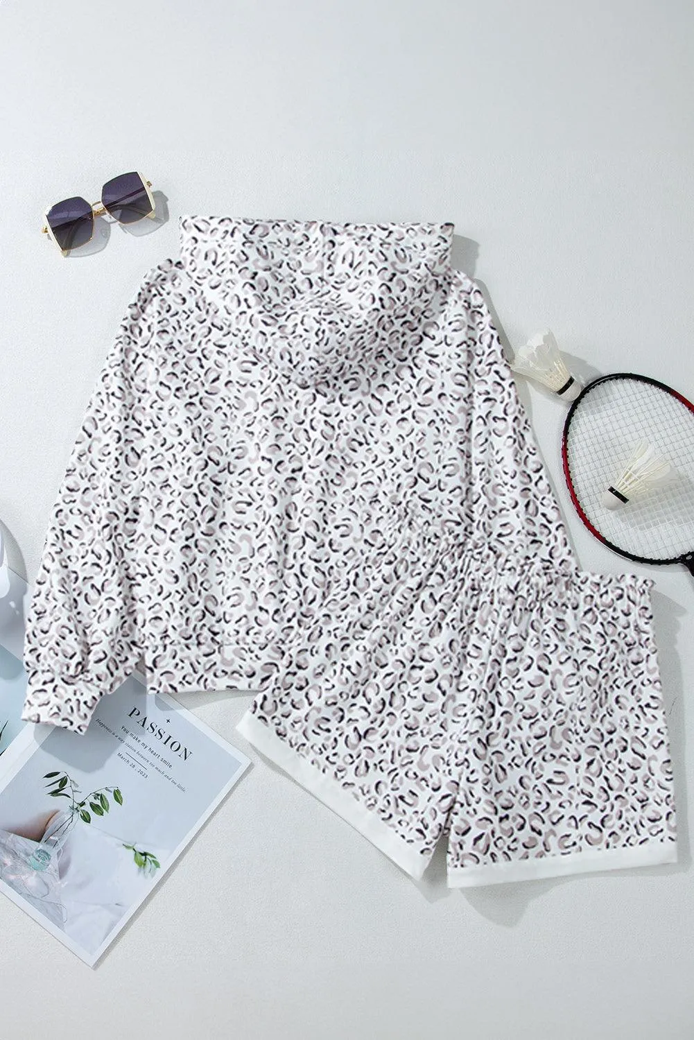 White Leopard Print Hoodie and Shorts Set