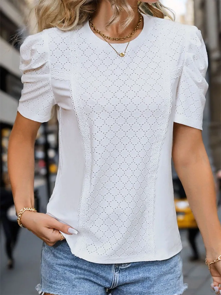 White Puff Sleeve Textured Short Sleeve Blouse