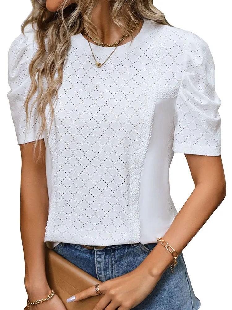 White Puff Sleeve Textured Short Sleeve Blouse