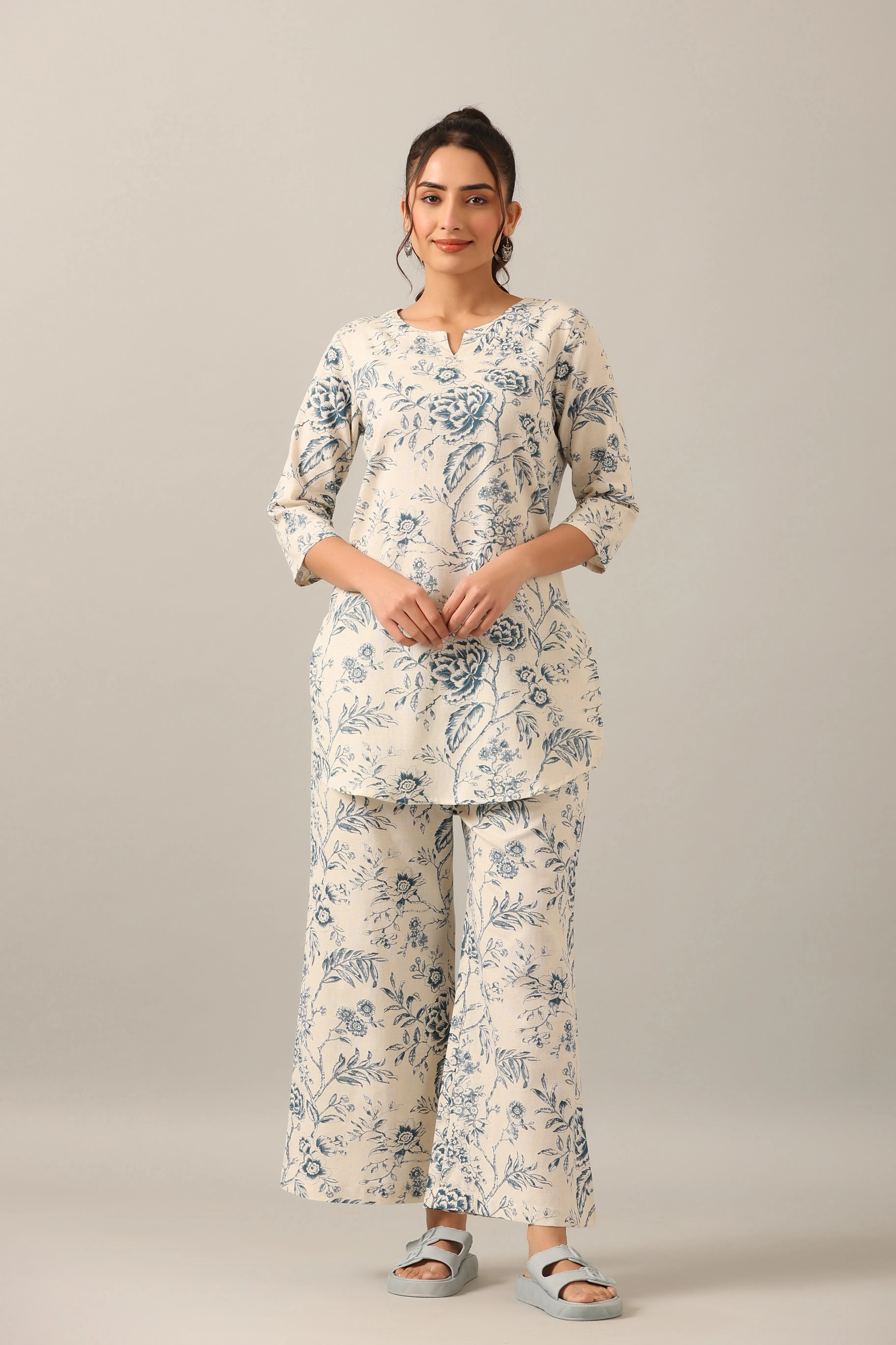 White Roses on Cotton Flex Palazzo Loungewear Set