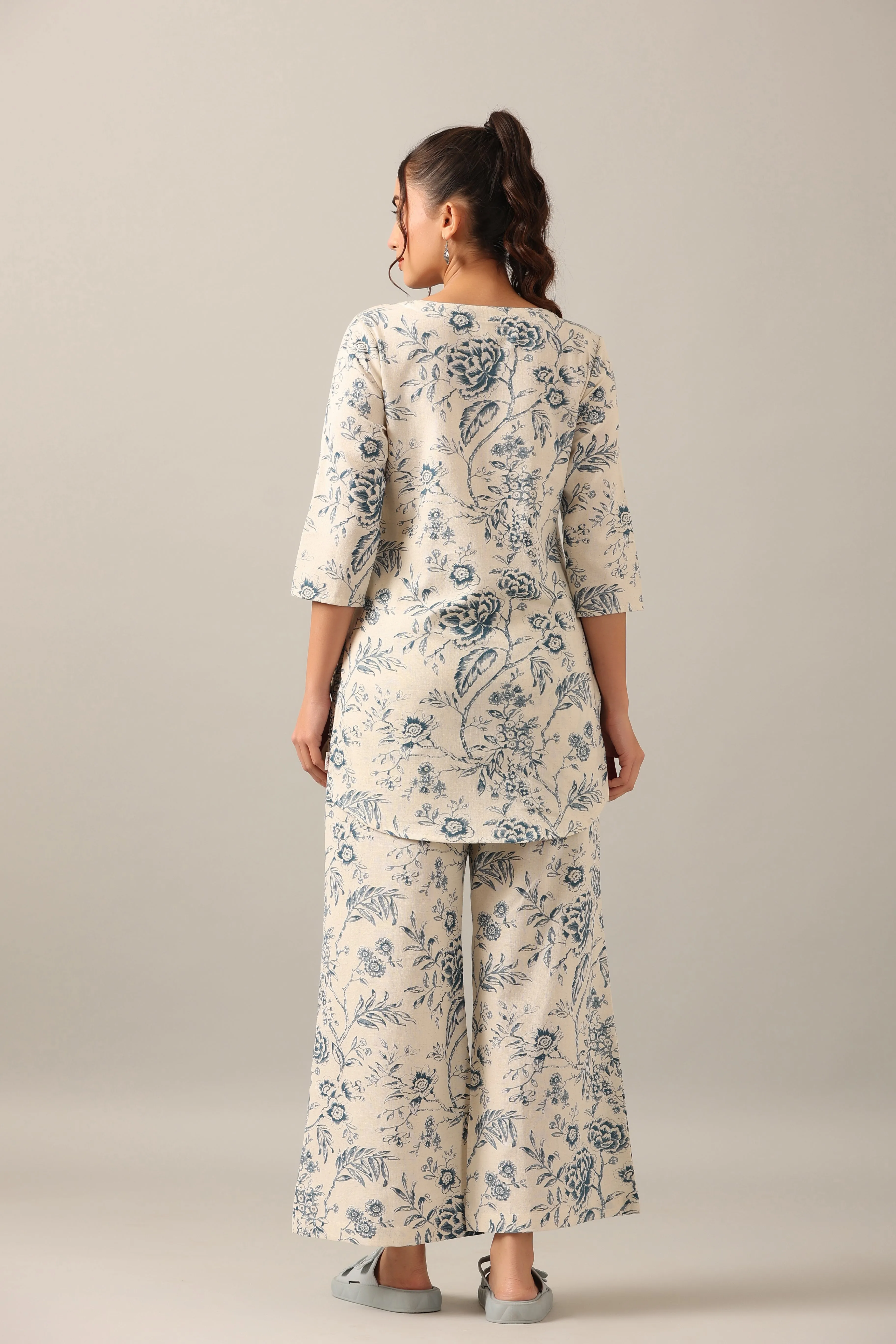 White Roses on Cotton Flex Palazzo Loungewear Set