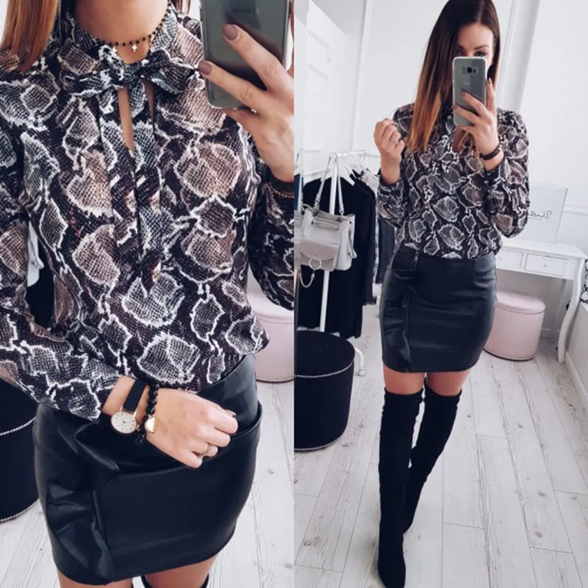 Women Sexy Chiffon Blouses - Snake Skin Printed