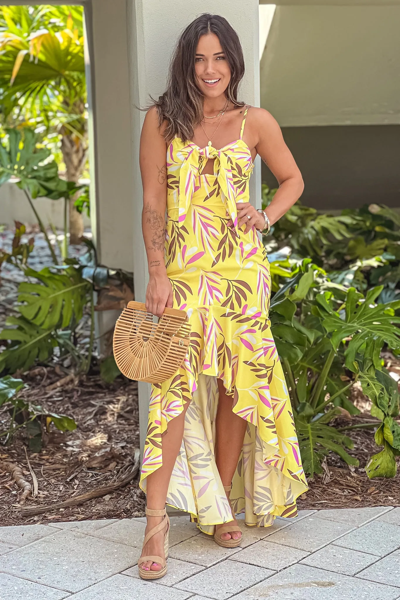 Yellow Printed Knot High Low Dress