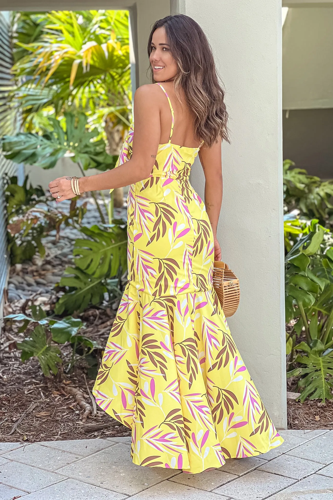 Yellow Printed Knot High Low Dress